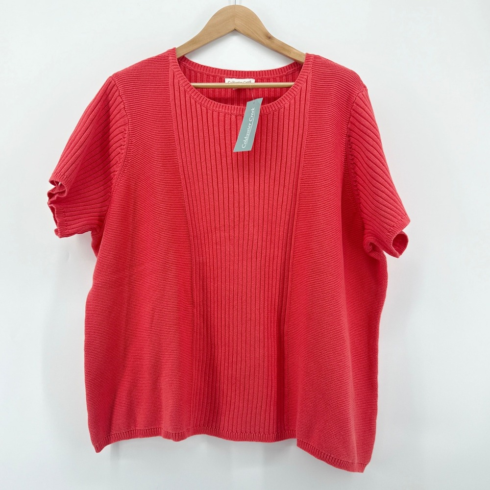 NWT Coldwater Creek Washed Coral Ribbed Knit Short Sleeve Sweater Shirt 3X